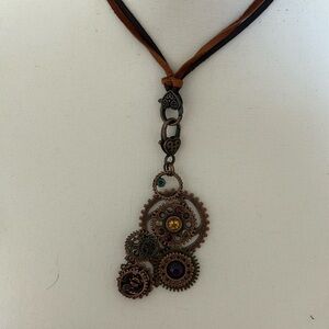 Bronze gear necklace with adjustable leather strap